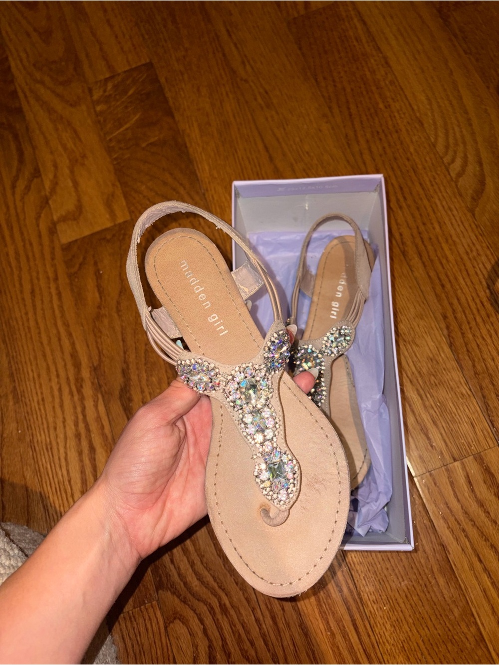 Madden Girl Nude Jeweled T-Strap Sandals